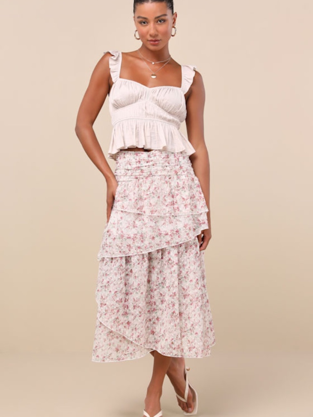 Lulus Rosen White Multi Floral Tiered Midi Skirt - Size L